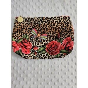 Estee Lauder Leopard Floral Print Makeup Cosmetic Zipper Bag Gold Zipper Clutch